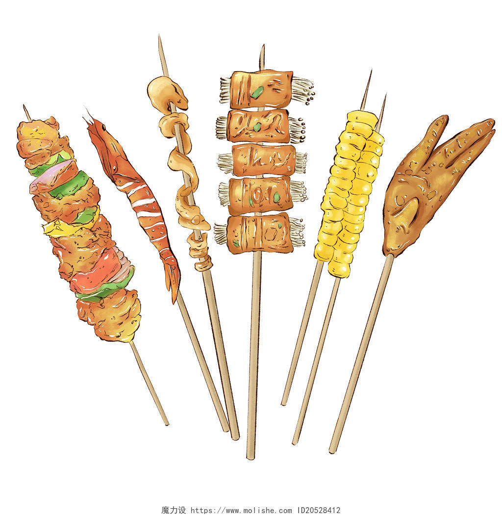 彩色卡通手绘烤串烧烤食物素材原创插画海报烧烤烤串元素